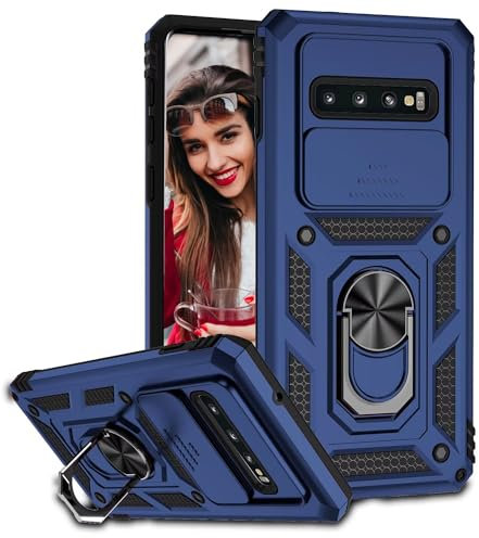 POUHYE Handyhülle für Samsung Galaxy S10 Plus / S10+ Hülle, [Slide Camera] Hybrid Militärqualität Stoßfest Bumper Outdoor Handyhülle mit 360° Drehbarer Metall Ring Ständer Schutzhülle Case Blau