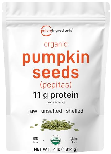 Organic Pumpkin Seeds, 4lbs | Raw, Unsalted, & Shelled – Whole Pepitas | Pumpkin Seeds to Eat | Great for Baking, Smoothies, & Salad Toppings | Natural Source of Essential Fatty Acids, Protein, & Iron