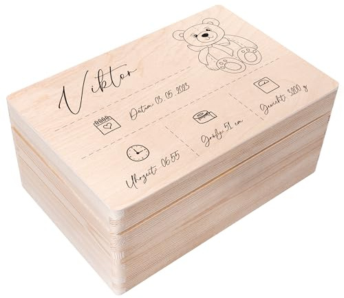 Creative Deco Erinnerungsbox Baby Holzkiste Personalisiert | 30 x 20 x 14cm | (+/-1cm) | Teddybär Motiv für Geburt & Taufe | Groß Natur Geschenk Spielzeugkiste Holzbox mit Deckel und Griffen Gravur