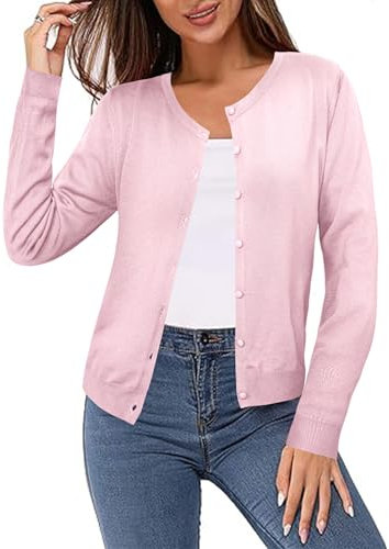 Irevial Gilet Femme Cardigan Chic et Elégant pour l'Printemps et automne avec Boutons Col Rond Rose，S