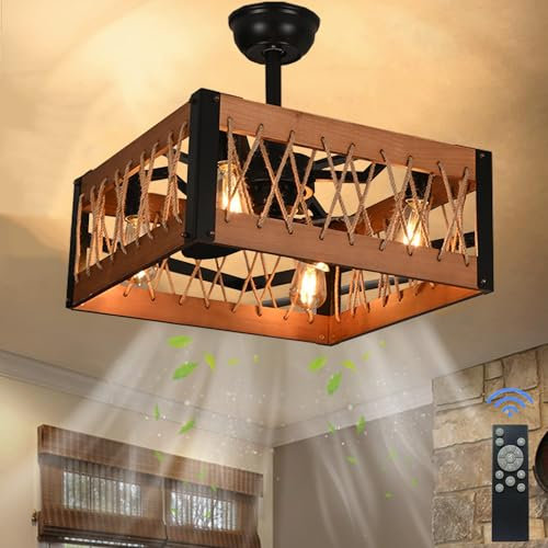 Ventilateur de Plafond Silencieux avec Lumiere et Telecommande Fan Plafonnier Silencieux 6 Vitesses E27 Lampe de Ventilateur Vintages Bois Lampe de Plafond pour Salon Chambre d'enfant (Boom Models)