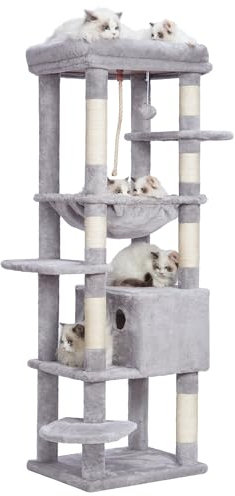 Heybly Arbre à Chat pour Gros Chats 20 lbs (9 kg) Résistant, Tour XXL 152 cm pour Chat d'Intérieur, Meuble Multi-Niveaux avec Plateforme en Peluche, Panier Doudou, Condo HCT050W