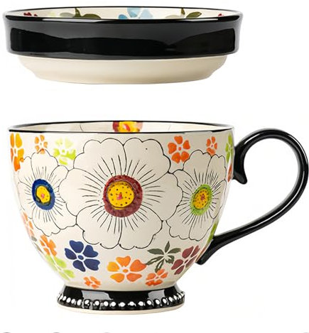 Dowbom Soup Mug With Lid, 500ml Microwave Soup Bowl, Ceramic Soup Mug, Breakfast Bowl, Bouillon Cup (Flower-C,500ml)