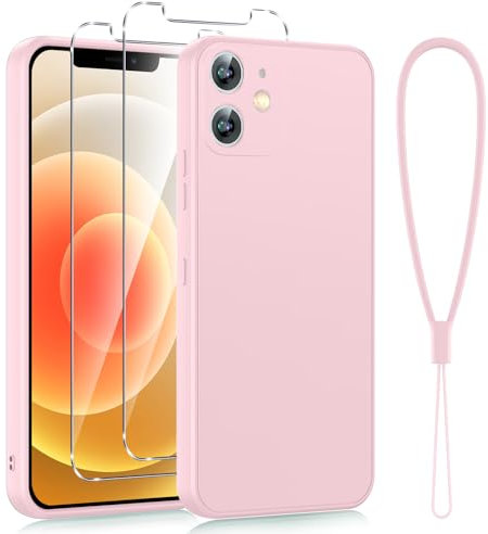 Viojrlra Coque pour iPhone 12 6,1 avec 2 Pièces Verre Trempé, Protection Complète Silicone Housse Fine Antichoc Antirayures Anti jaunissement étui iPhone 12 Con Cordon,Rose