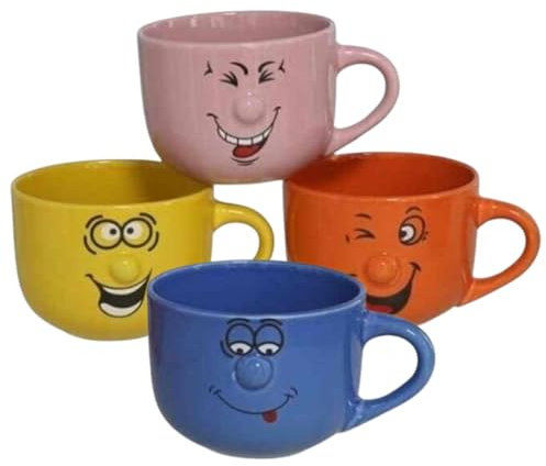 MundoTarros Set de 4 Tazas de Porcelana 420 ml - Diseño Divertido con Caritas en Colores Vibrantes - Ideales para Café, Té y Chocolate Caliente - Resistentes y Aptas para Microondas y Lavavajillas