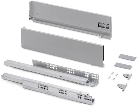Emuca - Schubladen-Kit für Küche und Bad mit 3D-Regelung, Höhe 131mm, Tiefe 400mm, 40 Kg, sanftes Schließen, Panels nicht enthalten, Stahl, Grau