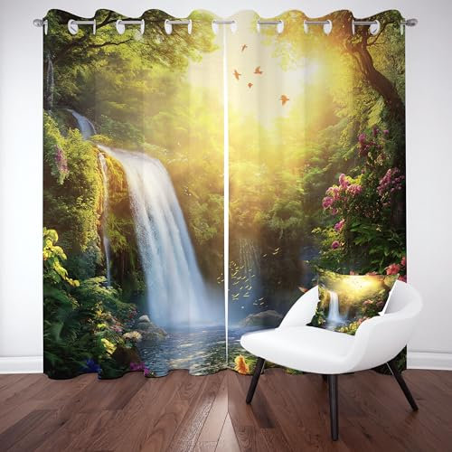Dpvbffx Wasserfall Vorhang Blickdicht Schallschutz, Wald Natur Landschaft Gardinen mit Ösen 2er Set 240x70 cm, Grün Botanisch Blumen Verdunklungsvorhänge Schlafzimmer, Curtains Living Room