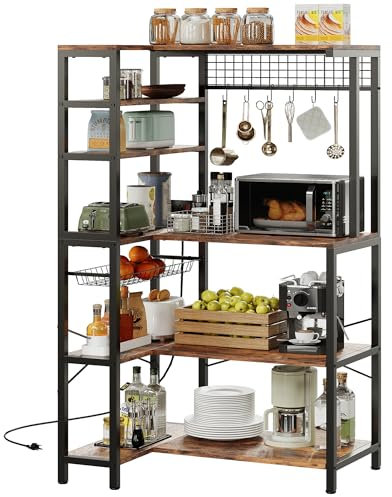 IRONCK Scaffale da forno con presa di corrente, supporto angolare per microonde a 5 ripiani con contenitore, bar con 6 ganci a S, ripiani da cucina con cestello in filo metallico