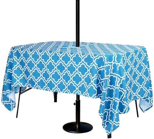 3E Home Blue Lattice Outdoor Tablecloth,Table Cloth with Parasol Hole 70 x 52 Inches,Rectangular Spillproof Table Covers for Patio, Poolside, Outdoor Gatherings