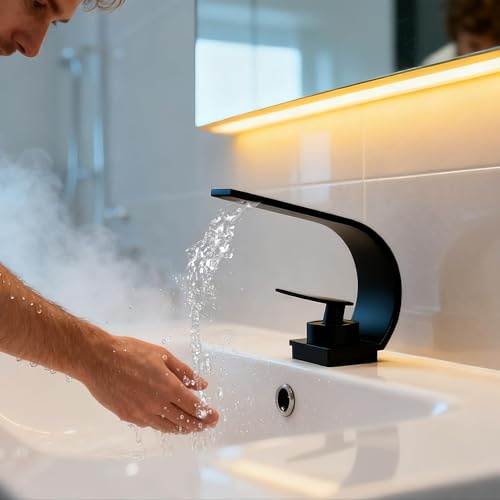 UISEBRT Schwarz Wasserfall Wasserhahn Bad, Modern Messing Waschtischarmatur,Einhandmischer mit Kalt und Warm Wasser für Badezimmer Spül Küche Spülbecken,TYP D