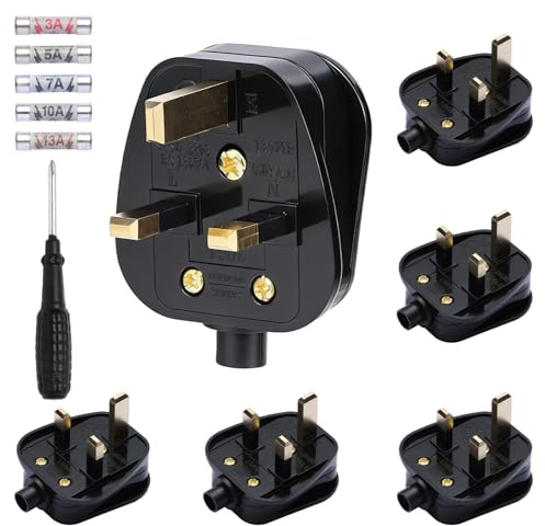 iulrtba 6 Pack 13 Amp Plug UK, 3 Pin Plug UK, Electric Plugs | with 3A 5A 7A 10A 13A Domestic Fuses Kit, Rewireable Plug with 1 Screwdriver for Home Office Appliances Devices (Black)