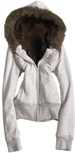 ORANDESIGNE Y2K Felpa con Cappuccio in Pelliccia Sintetica Donna Cerniera Cappotto Lungo Slim Fit con Collo di Pelliccia Harajuku Vintage Giacca | Y2k Clothes, giacca invernale con cerniera, vintage, grunge streetwear, swag clothes, giacca in pelliccia, slim fit