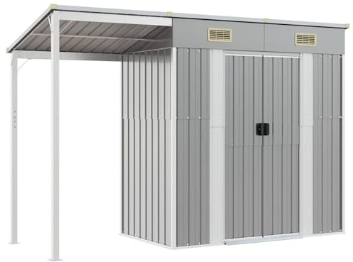 WGYHOME Gartenhaus Stahl mit verlängertem Dach Hellgrau 277x107x181 cm – wetterfest, rostfrei, für Werkzeug & Gartenmöbel – ideal für Garten, Hof & Terrasse