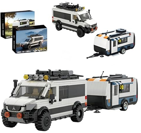 Camper Van & Wohnwagen-Bausatz, 971Stk Geländegängiger Wohnmobil Klemmbausteine mit Anhänger, kreatives Abenteuer Fahrzeug Modell Spielzeug, Geschenk für Jugendliche und Erwachsene