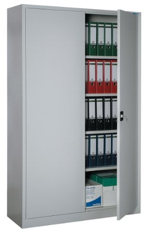 Großer Flügeltürenschrank komplett montiert Metallschrank abschließbar grau 195x120x42cm (HxBxT) Lagerschrank Aktenschrank 4 Fachböden 530370