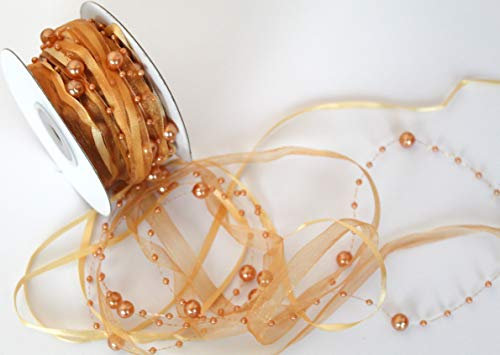 CaPiSo 10m Schleifenband 3-teilig mit Organza und 4mm Perlen Dekoband Trendyband Perlenband Perlen am Band (Gold)