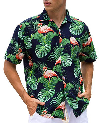 Janmid Chemise hawaïenne boutonnée à manches courtes pour homme Motif floral, flamant rose, Taille S