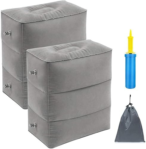 ZIQIAN Repose-pieds de voyage gonflable portable réglable à trois niveaux de hauteur pour avions, voitures, maisons, trains, bureau pour s'allonger ou dormir sur de longs vols avec pompe (Lot de 2)