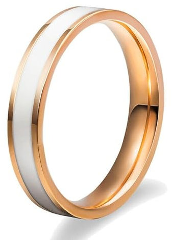 BlackAmazement Anello da donna in acciaio inox 316L, smaltato, a righe, oro rosa, argento, bianco, nero, 4 mm e Acciaio inossidabile, 20, colore: oro rosa/bianco., cod. -