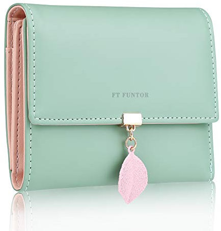 FT FUNTOR PU Leather Wallet for Women RFID-Blocking, Ladies Bifold Leaf Pendant Coin Zipper Small Purse with 5 Card Slots and 1 ID Window Card Holder Organizer (Green)