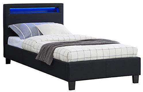 IDIMEX Lit LED Simple 90x190 cm avec sommier, tête de lit Confortable, lit 1 Place revêtement en Tissu Noir, Molina