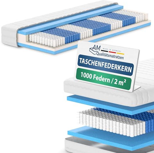 AM Qualitätsmatratzen 1000 Federn 7-Zonen Taschenfederkernmatratze 160x220 cm H5-24 cm Premiumhöhe - 1.000 Federn Matratze 160x220cm