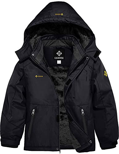 GEMYSE Jungen Winterjacke Outdoor Wasserdicht Winddicht Skijacke mit Kapuze und Fleece (Schwarz,128-134)