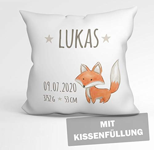 tassenprinter Kissen mit Füllung - Geschenk zur Geburt, Babygeschenk Jungen oder Mädchen mit Geburtsdaten (Name & Datum) personalisiertes Namensgeschenk für Baby, 40x40cm weiß (Fuchs)