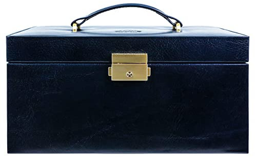 Time Resistance Leder Schmuckkästchen - Marineblaue Schmuckaufbewahrung - Schmuck Verstauen - Schmuckkasten mit Spiegel - Schmuck Organizer mit Vielen Fächern - Jewelry Box
