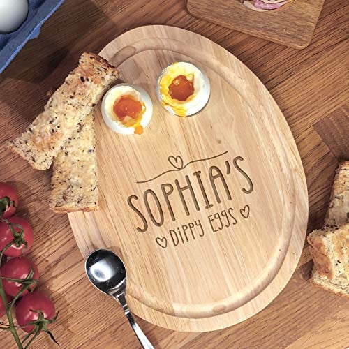 eBuyGB Personalised Dippy Egg Breakfast Board for Egg & Soldiers, Egg Shaped Serving Board, Dippy Eggs and Toast, Custom Name Design, Easter Gift for Kids, Children