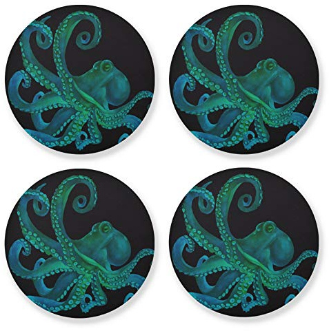 Set mit 4 Untersetzern für Getränke, absorbierende runde Untersetzer mit Korkboden, Oktopus-Muster, Kaffeetisch-Untersetzer, Geschenk für Hausdekoration