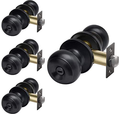 CML Hardware Matte Black Privacy Door Knob, 4 Pack Keyless Lock Set for Bedroom or Bathroom, Interior Door Lock for Bed/Bath, Round Ball Handle