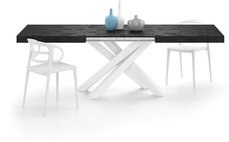 MOBILI FIVER, Table Extensible Emma 160(240) x90 cm, Noir Béton avec Pieds Croisés Blancs, pour 6-10 Personnes, Table Extensible pour Cuisine, Salon, Made in Italy