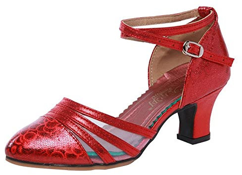 Donna Scarpe da Ballo,Scarpe col Tacco per Feste Matrimoni Latino Moderno e Tango (Rosso, 42EU Normale)