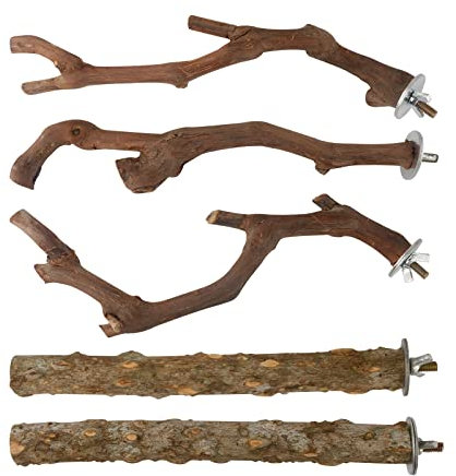 Vogel-Ständer aus natürlichem Holz, für Papageien, 3 Sitzstangen aus Traubenholz, 2 Ständer, Pfotenabdrücke, Gabel, Kaustab für Nymphensittiche, kleine Vögel, 5 Stück