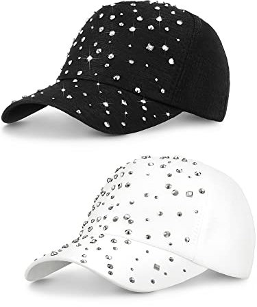 Loopeer 2 Stück verstellbare atmungsaktive Strass-Baseballkappe für Damen und Herren, Pailletten, lässige Sportmütze, Strass-Hut, schwarz, weiß