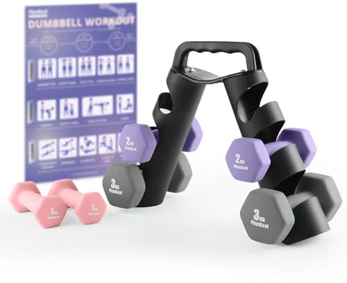 PhysKcal Hex Dumbbells Set of 6 with Stand- 2 x 1 kg, 2 x 2 kg, 2 x 3 kg, Hand Weights Set for Ladies, Kids, Beginners, Light Small Dumbbells Set for Home Gym Studio Workout