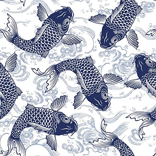 Loussiesd Japanischer Koi-Polsterstoff Meterware, Ozean Wave Hokusai Polsterstoff für Stühle, exotischer Karpfenfisch Marine Meer dekorativer wasserdichter Outdoor-Stoff, 92 x 150 cm, weiß blau