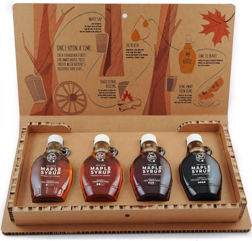 MapleFarm - Sirop d'érable pur dans une boîte-cadeau. Pack dégustation 4 variantes : DORÉ - AMBRE - FONCÉ - TRÈS FONCÉ. Coffret cadeau illustré.