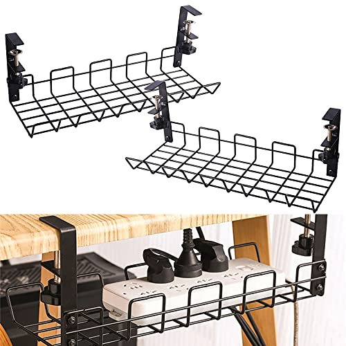 Desk Cable Management Tray, LASIEYO [2 Pack] No Drill Cable Management Under Desk, Cable Racks Under Desk Cable Organizer for Wire Management, Keep Under Desk Cable Tidy for Office and Home