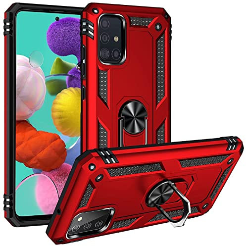 Verco Hybrid Armor Shiel Case für Samsung Galaxy A51 Hülle, extrem robust mit Magnet Fingerring Halter Handyhülle für Samsung A51 Panzerhülle, Rot