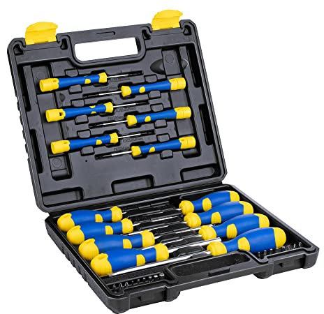 Kinzo Schraubendreher Set 32-teilig - inkl. Werkzeugkoffer - Schraubendreher mit magnetischer Spitze - Schwarz, Gelb, Blau