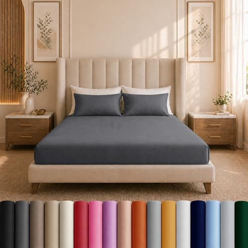 Moonlight Bedding Super King Fitted Sheet Charcoal/Dark Grey - Premium 25cm Deep Pocket Fitted Bed Sheets – Soft Brushed Microfiber & Wrinkle Free Fitted Bottom Sheet Fad Resistant (180 x 200 Cm)