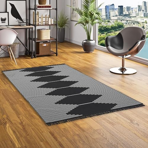 Pergamon Designer Teppich Beidseitig Flachgewebe Ethno Kelim Schwarz Grau Trend, Teppich Läufer, Teppich Pflegeleicht und Waschbar in 5 Größen