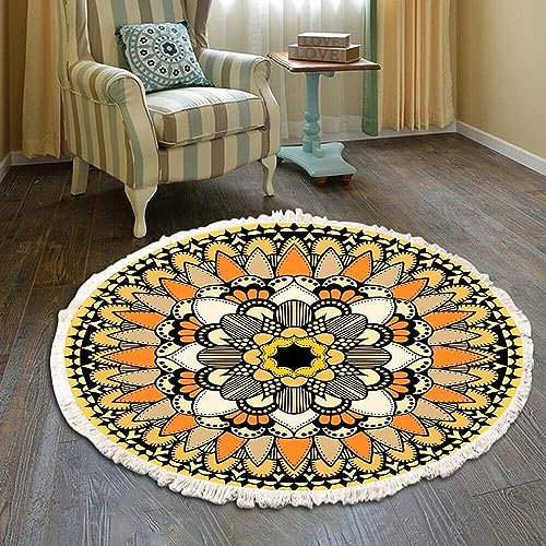 Vintage Boho Baumwolle Teppiche Mandala Muster Waschbar Handgewebte Böhmische Runder Teppich mit Quasten für Schlafzimmer Flur Wohnzimmer Couchtisch Fußmatten,Waschmaschinenfest,80CM Blumen #31