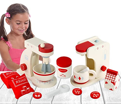 Coo11 Kids Wooden Kitchen Set - Toaster with Wooden Mixer Machine, Jam & Toast, Play Food Sets, Accessories for Children Age 3+ (Red)