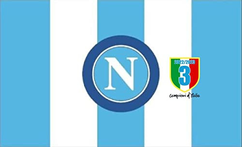 Zeus Party Maxi Bandiera Celebrativa Scudetto 3 NAPOLI Calcio a Strisce Bianche e Azzurre 250 x 200 cm Formato Gigante con Logo della Squadra