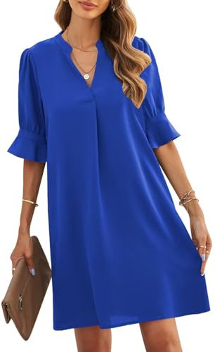 ANFTFH Casual Kleider für Frauen Damen Rüschen Ärmel Split V-Ausschnitt Gerade Fit Einfarbig Schlankes Kleid Schatz Blau S