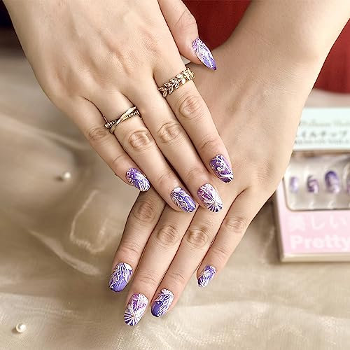 Sun&Beam Nails Medium Short Round Press On Nail with Purple 3D Summer Design Cute False Tips 24Pcs (M217)