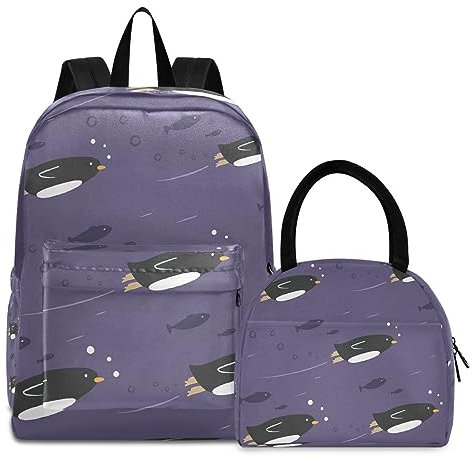 Pinguin Schwimmtier Büchertasche Lunchpaket Set Schulter Rucksacks Bookbag Kinderrucksack Isolierte Lunchbox-Tasche für Mädchen Jungs